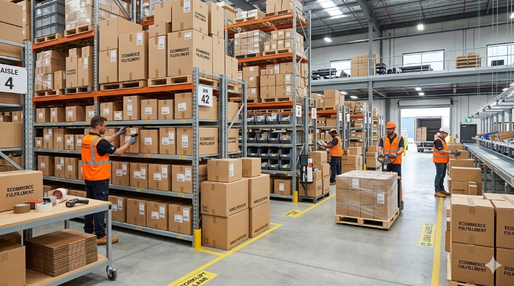 Warehouse staff handling cartons, scanning, and outbound shipments